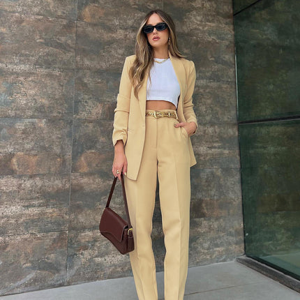 Women's One Button Solid Blazer and Casual Pants Autumn Winter Office Suit