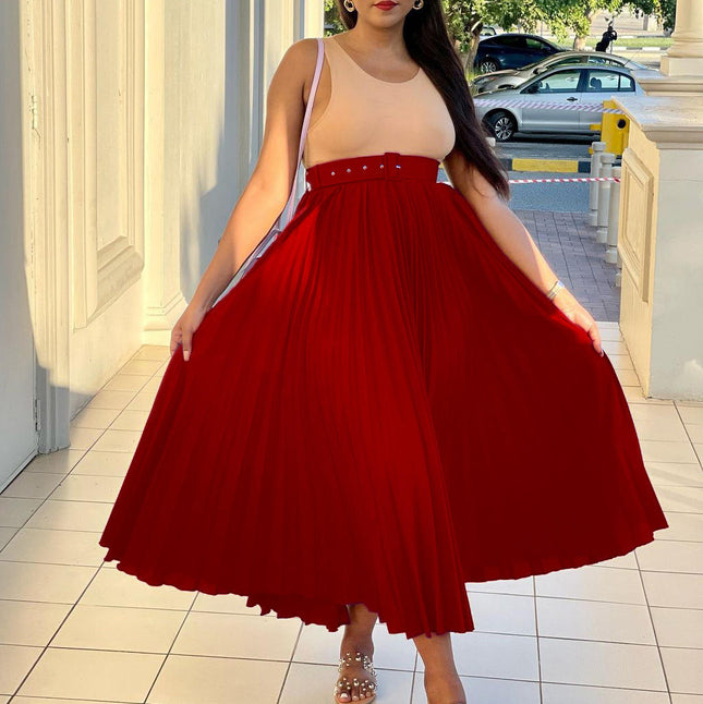 High Waist Pleated Maxi Skirt with Belt Elegant Flared Hem