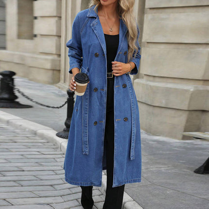 Women’s Long Denim Trench Jacket V-Neck Double Breasted with Belt