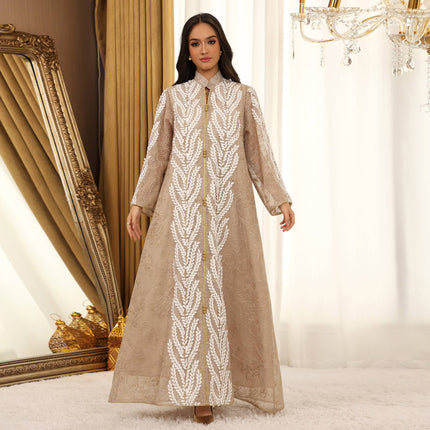 Embroidered Mesh Abaya Dress for Women Breathable Ramadan Jalabiya