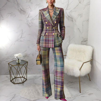 Women’s Plaid Blazer & Pants Suit Office Two-Piece Formal Set
