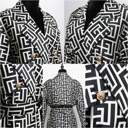 Women’s Black Trench Coat with Belt | Double-Breasted Printed Long Jacket