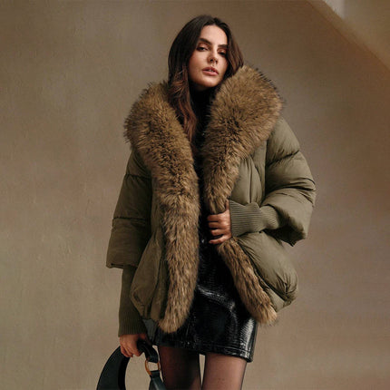 Women Oversized Hooded Winter Down Jacket Padded Coat with Fur Collar