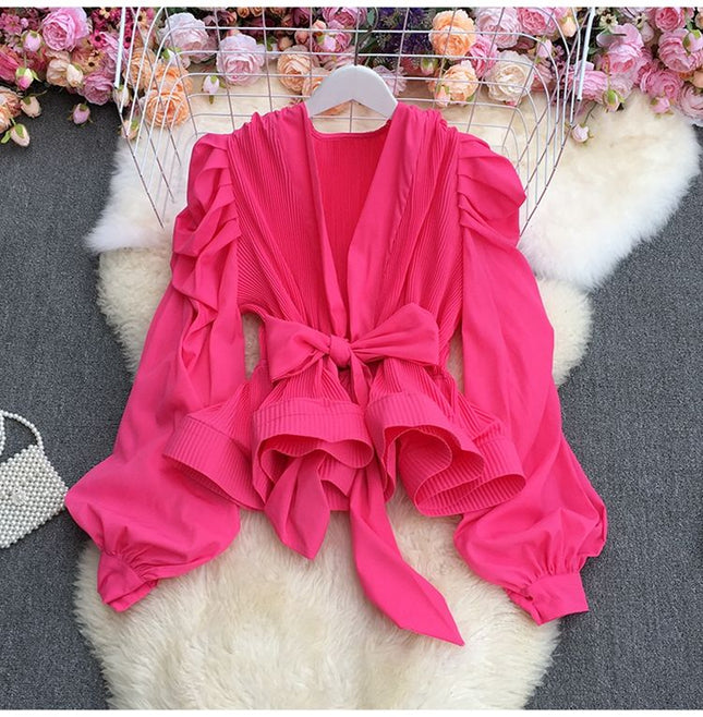 V Neck Puff Sleeve Pleated Blouse for Women Ruffle Lace Up Waist