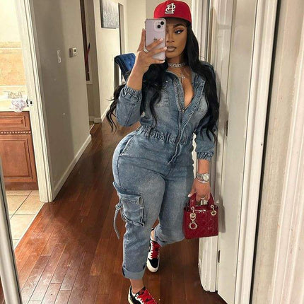 Trendy Washed Denim Cargo Jumpsuit for Women Elastic Long Sleeve
