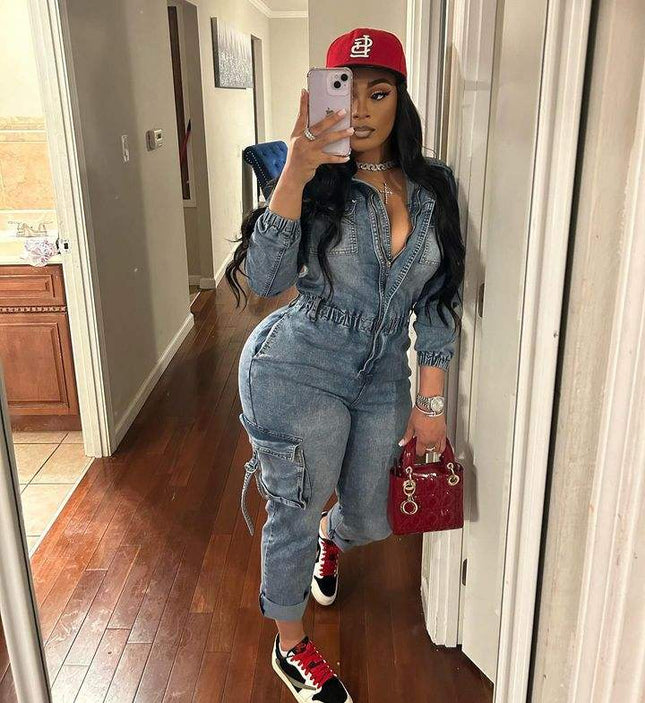 Trendy Washed Denim Cargo Jumpsuit for Women Elastic Long Sleeve