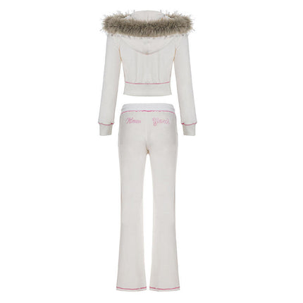 Winter Women Fur Patchwork Hooded Crop Jacket & Pants 2 Piece Set