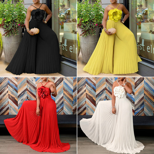 Summer Halter Neck Wide Leg Jumpsuit for Women with 3D Flower