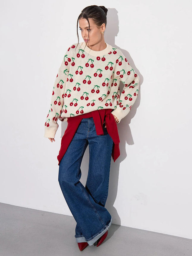 Cherry Print Oversized Women’s Knit Sweater Loose Fit Autumn Winter