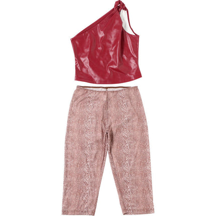 Women's PU Leather 2-Piece Set Crop Top & Stretch Pants Sexy Clubwear