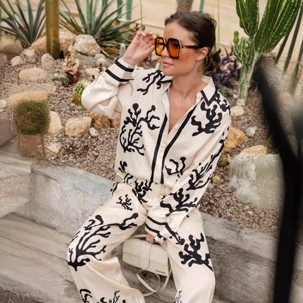 Women's Two Piece Long Sleeve Shirt and Wide Leg Pants Summer Casual Suit