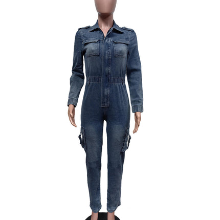 Trendy Washed Denim Cargo Jumpsuit for Women Elastic Long Sleeve