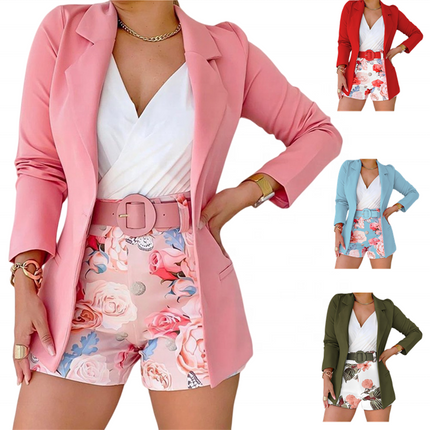 Women’s Printed Blazer & Shorts Set with Belt Elegant Two Piece Outfit
