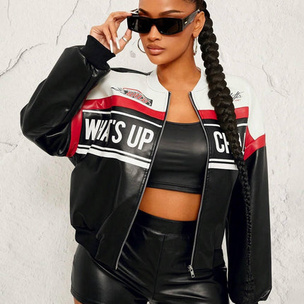 Women’s Colorblock Suede Motorcycle Jacket with Letter Graphic