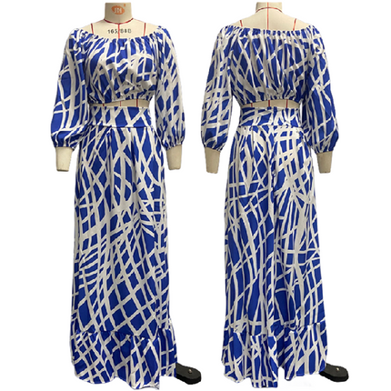 Women’s Printed Two Piece Set Short Top and Maxi Skirt Spring Outfit
