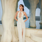 Women's Hollow Out Halter Backless Slit Slim Fit Summer Beach Maxi Dress