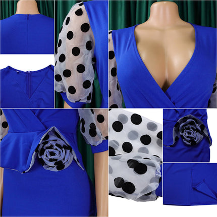 Women’s V Neck Mesh Office Dress Puff Sleeve Polka Dot Pencil Workwear