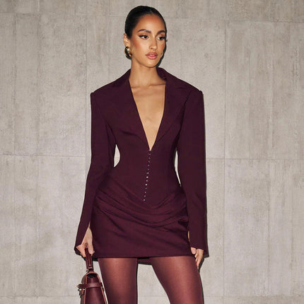 Women's V Neck Long Sleeve Pleated Blazer Mini Dress for Office Party Wear