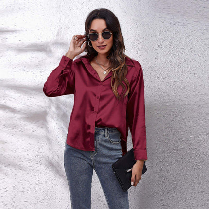 Women Satin Silk Feel Shirt Solid Color Long Sleeve Elegant Blouse
