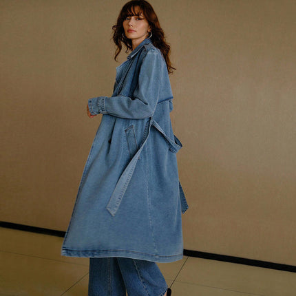 Women’s Double Breasted Denim Trench Coat with Belt V-Neck Long Jacket