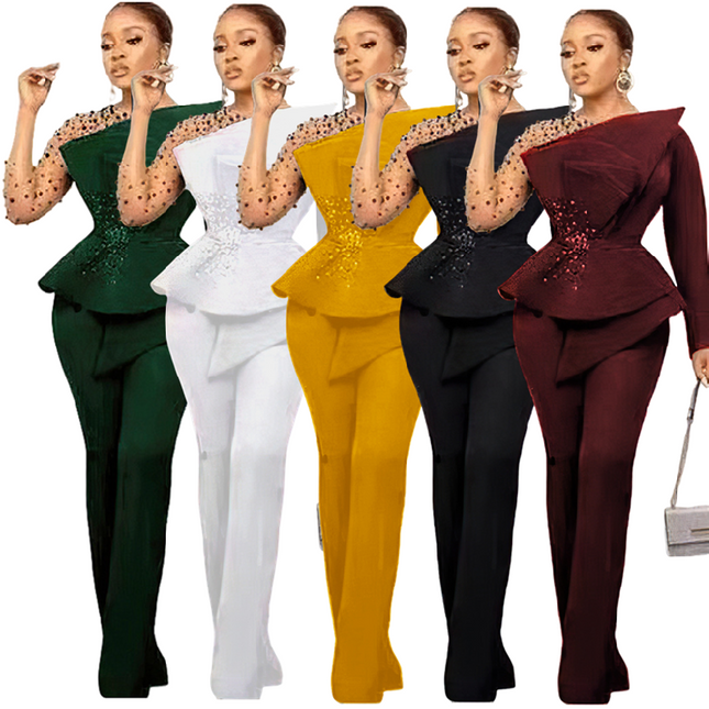 Women’s Rhinestone Mesh Top & Straight Pants Two-Piece Outfit Set