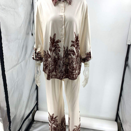 Women's Vintage Print Long Sleeve Shirt and Wide Leg Pants Summer Casual Suit