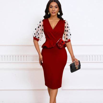 Women’s V Neck Mesh Office Dress Puff Sleeve Polka Dot Pencil Workwear