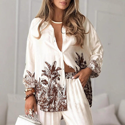 Women's Vintage Print Long Sleeve Shirt and Wide Leg Pants Summer Casual Suit