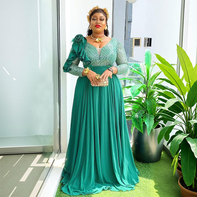 Plus Size V-Neck Sequin Chiffon Maxi Dress Elegant Evening Wear