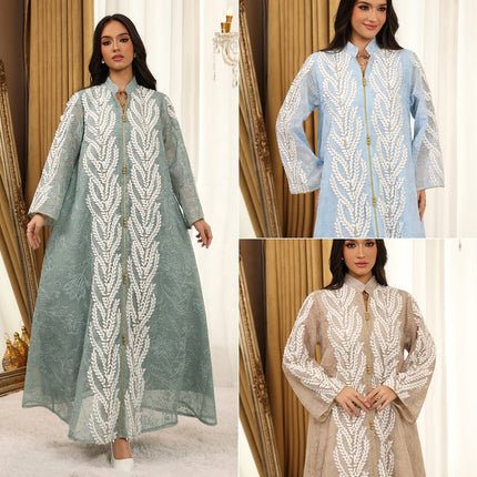 Embroidered Mesh Abaya Dress for Women Breathable Ramadan Jalabiya