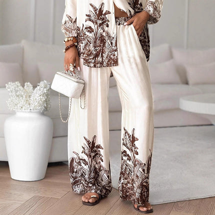 Women's Vintage Print Long Sleeve Shirt and Wide Leg Pants Summer Casual Suit