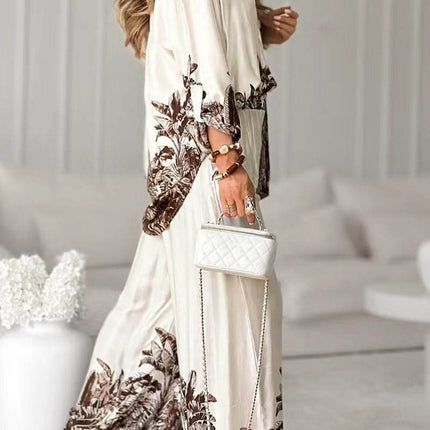 Women's Vintage Print Long Sleeve Shirt and Wide Leg Pants Summer Casual Suit