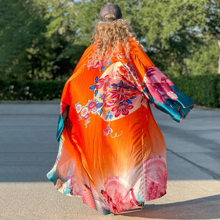 Women Long Printed Windbreaker Coat Spring Autumn Lightweight Jacket