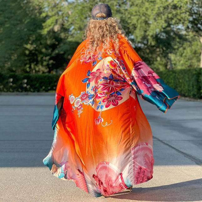 Women Long Printed Windbreaker Coat Spring Autumn Lightweight Jacket