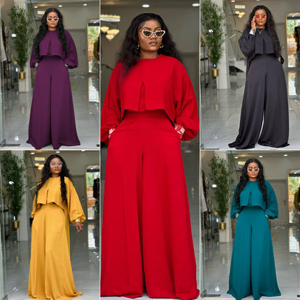 Plus Size Spring Two Piece Set O-Neck Top & Wide Leg Pants