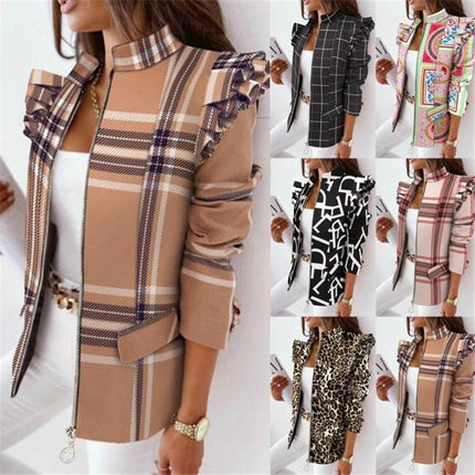 Women’s Printed Ruffle Zip Jacket Autumn Winter Long Sleeve Fashion Coat