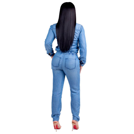 Women’s Stretch Denim Jumpsuit Long Sleeve One Piece Romper