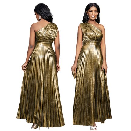 Women’s Backless A-Line Maxi Prom Dress High Waist Pleated Party Gown