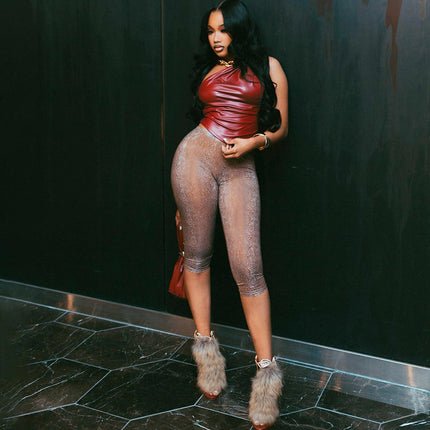 Women's PU Leather 2-Piece Set Crop Top & Stretch Pants Sexy Clubwear