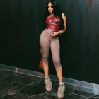 Women's PU Leather 2-Piece Set Crop Top & Stretch Pants Sexy Clubwear