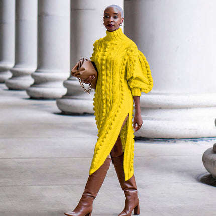 Winter Wool Knit Sweater Dress for Women Turtleneck Lantern Sleeve Long