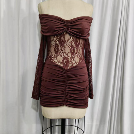 Women's Off Shoulder Lace Pleated Hip Wrap Summer Evening Party Dress