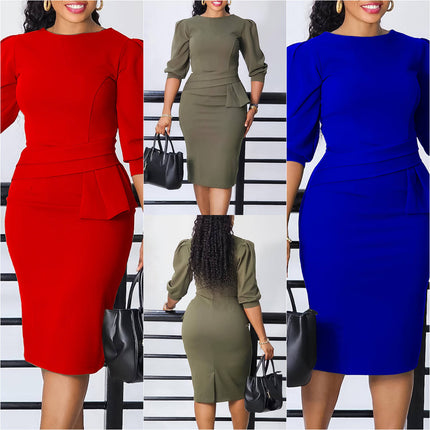 Women’s Ruched Summer Dress O-Neck Half Sleeve Elegant Casual Office Wear