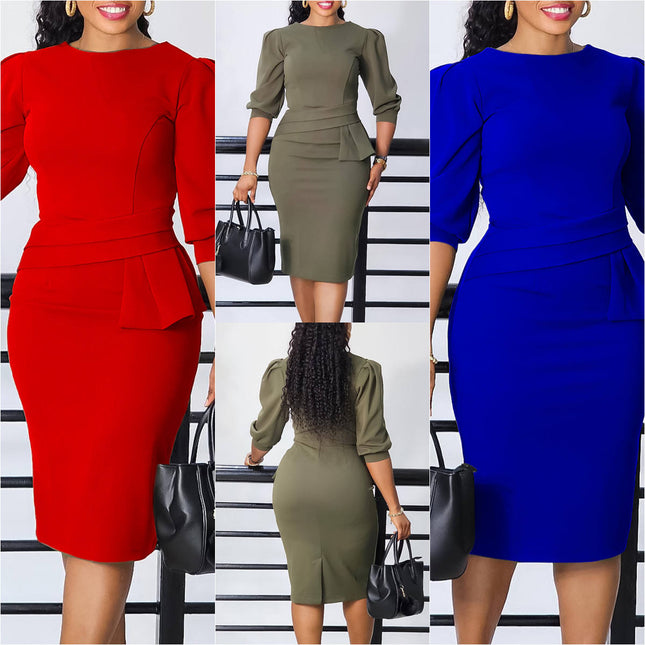 Women’s Ruched Summer Dress O-Neck Half Sleeve Elegant Casual Office Wear