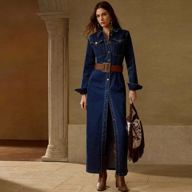 Women’s Long Sleeve Denim Maxi Dress Spring Fall Casual Office Jean