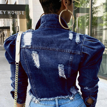 Women Ripped Denim Jacket Puff Sleeve Single Breasted Autumn Coat