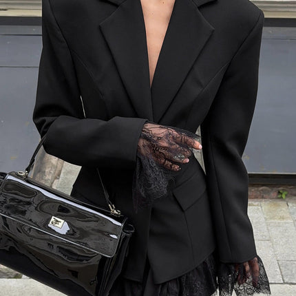 Women's Lapel Long Sleeve Single Breasted Lace Office Blazer Jacket