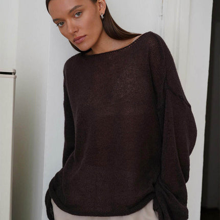 Women's Sheer O-Neck Knit Top Flared Sleeves Loose Spring Summer Tee