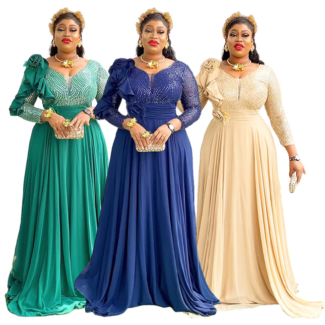 Plus Size V-Neck Sequin Chiffon Maxi Dress Elegant Evening Wear