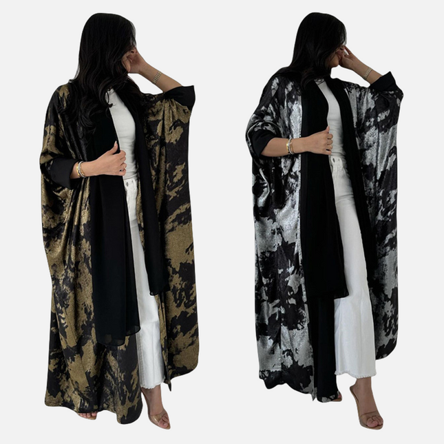 Women's Modest Dubai Abaya Islamic Open Kaftan with Gold Print